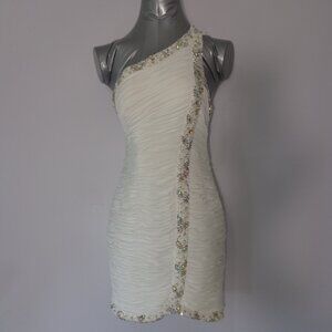 Hannah S Ladies Beautiful White Beaded One Shoulder‎ Strap Ruched Dress Size 6